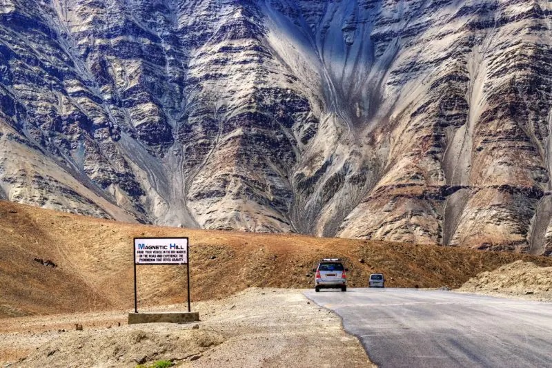 Magnetic Hill in Leh Ladakh with road and mountains creating gravity illusion